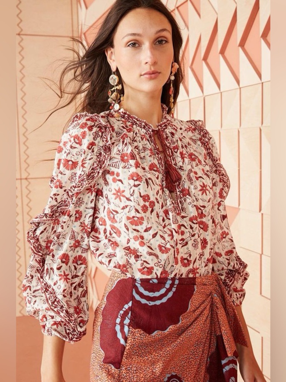 Ulla Johnson Azalea Blouse Size 2 Small Cotton Boho Floral Long Sleeve